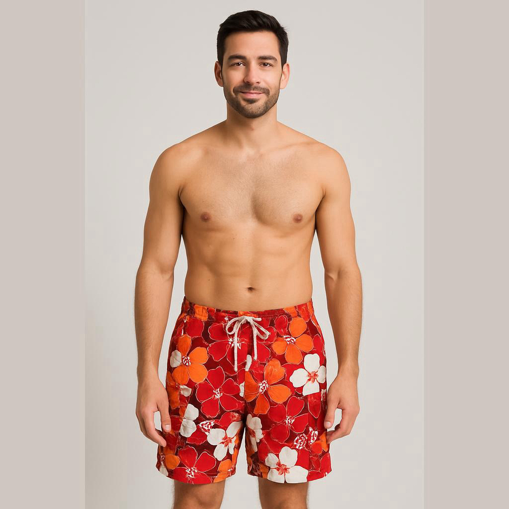 Unbranded Red Floral Swim Trunks Men's Large